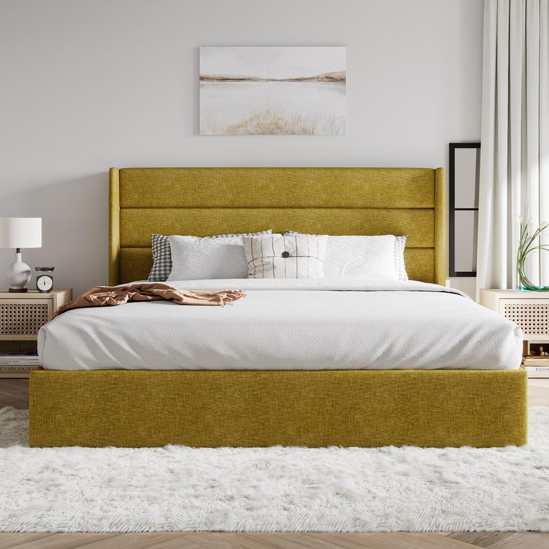 SHA CERLIN Lift Up Storage Bed/Modern Wingback Headboard