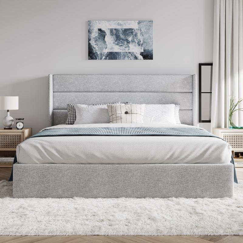 SHA CERLIN Lift Up Storage Bed/Modern Wingback Headboard